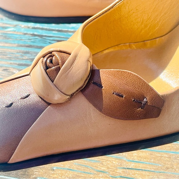 SOLD Prada Beige Brown Colorblock Leather Rosebud Embellished Square Toe Pumps - Picture 14 of 15